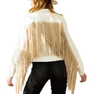 Judy Blue Women's Fringe stretch Jean Jacket - Cream and Tan